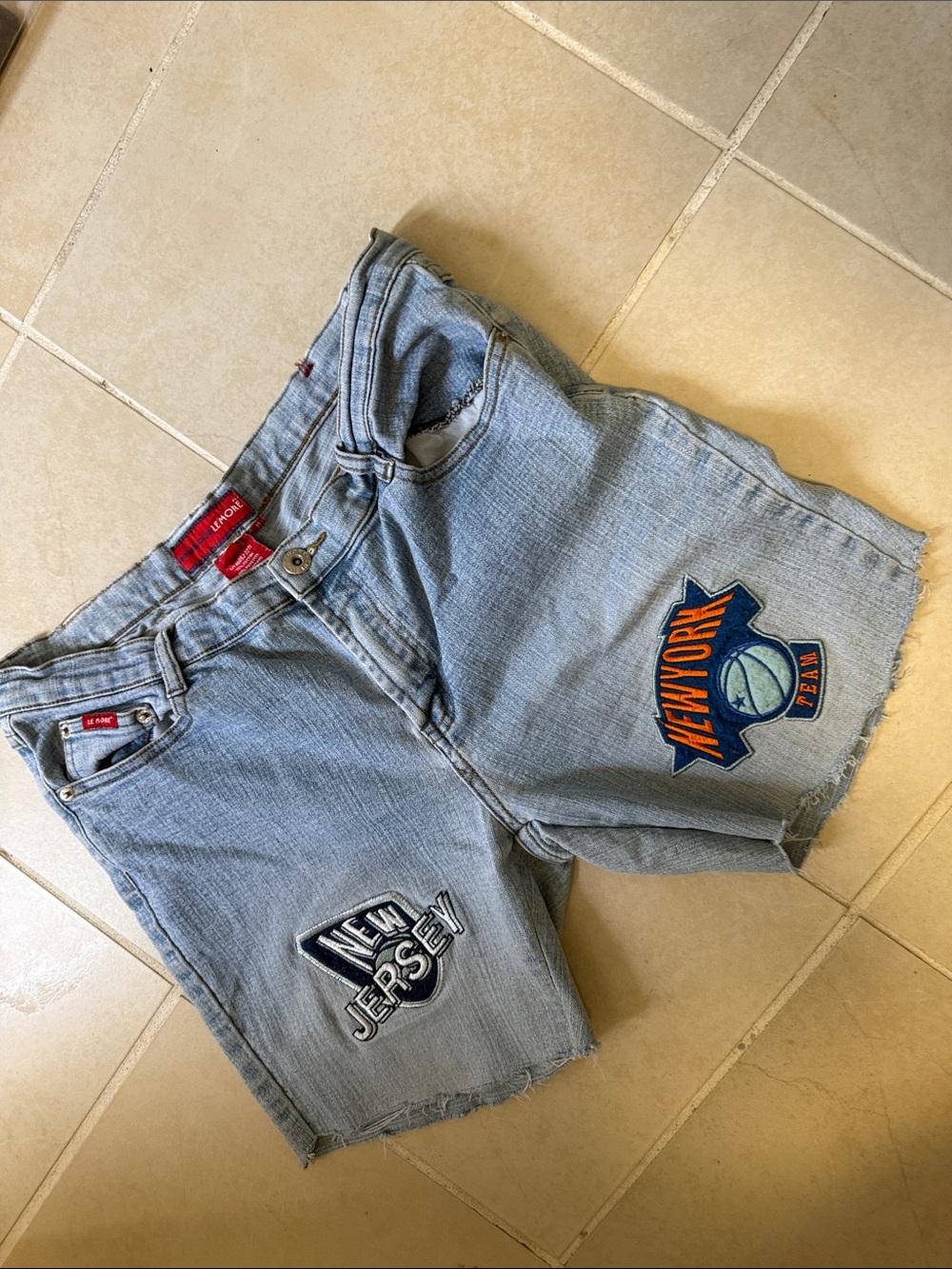 Light Wash Frayed  Denim Shorts with New Jersey & New York Patche